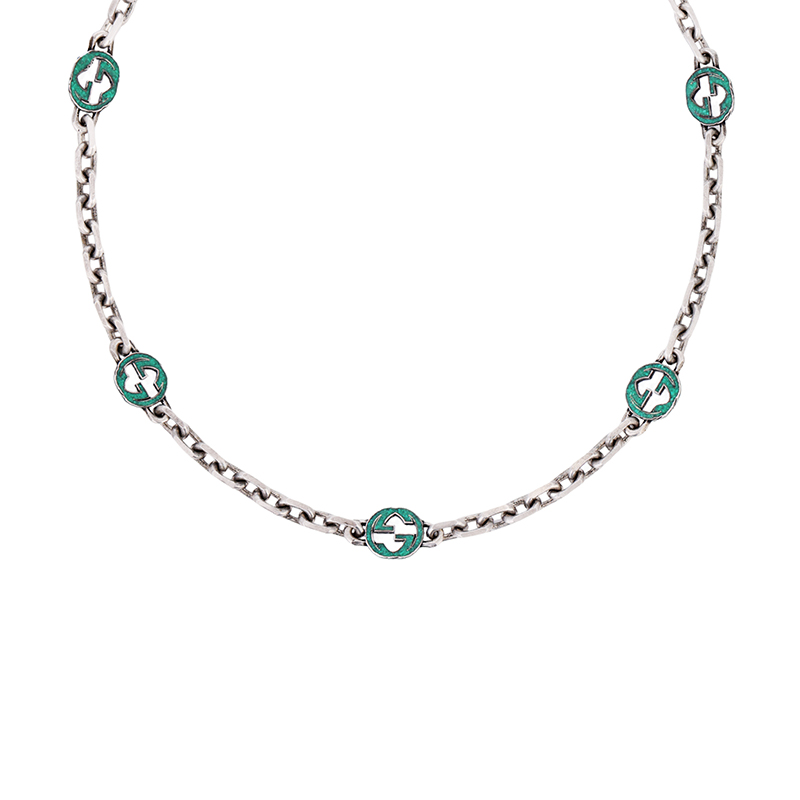 GUCCI Double G Enamel Interlocking 925 Silver Necklace for Men. 658126-J8410-8183