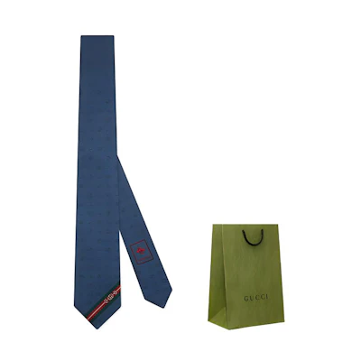 GUCCI Double G Horsebit Jacquard Silk Tie Light Blue Gift Edition 624057-4E002-4969