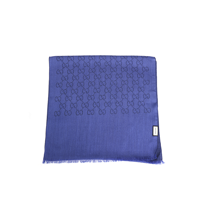 GUCCI Double G Jacquard Fringe Scarf Navy Blue Unisex 165904-3G646-4269