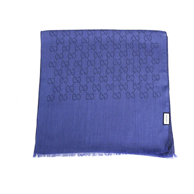 GUCCI Double G Jacquard Fringe Scarf Navy Blue Unisex 165904-3G646-4269