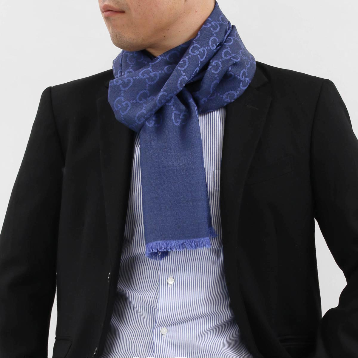 GUCCI Double G Jacquard Fringe Scarf Navy Blue Unisex 165904-3G646-4269 圖 5