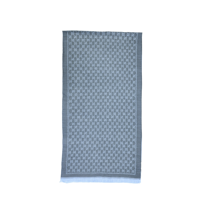 GUCCI Double G Jacquard Fringe Wool Scarf Unisex Light Blue/Light Grey 411115-3G200-1369