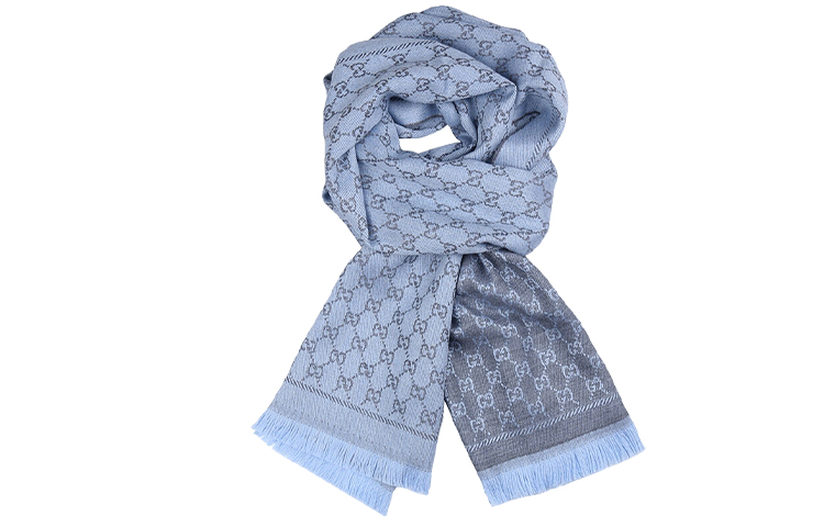 GUCCI Double G Jacquard Fringe Wool Scarf Unisex Light Blue/Light Grey 411115-3G200-1369 圖 4