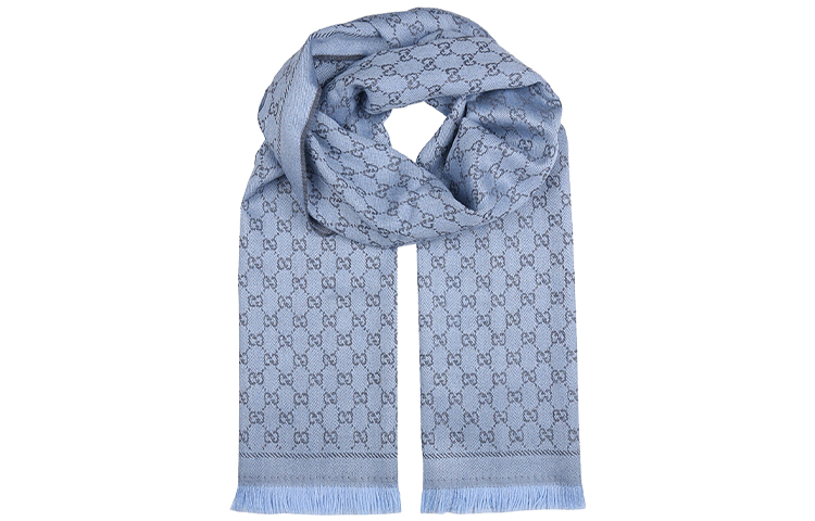 GUCCI Double G Jacquard Fringe Wool Scarf Unisex Light Blue/Light Grey 411115-3G200-1369 圖 5