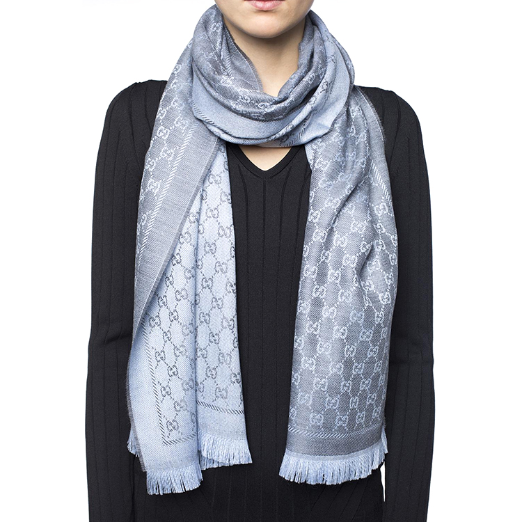 GUCCI Double G Jacquard Fringe Wool Scarf Unisex Light Blue/Light Grey 411115-3G200-1369 圖 6