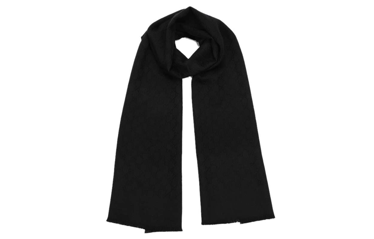 GUCCI Double G Jacquard Fringed Warm Knit Scarf Unisex Black 456362-4G201-1000 圖 2
