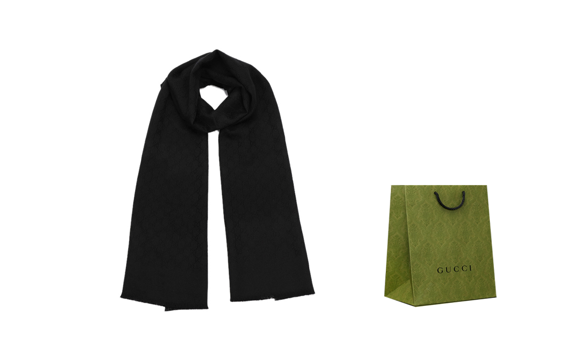 GUCCI Double G Jacquard Fringed Warm Knit Scarf Unisex Black 456362-4G201-1000 圖 6