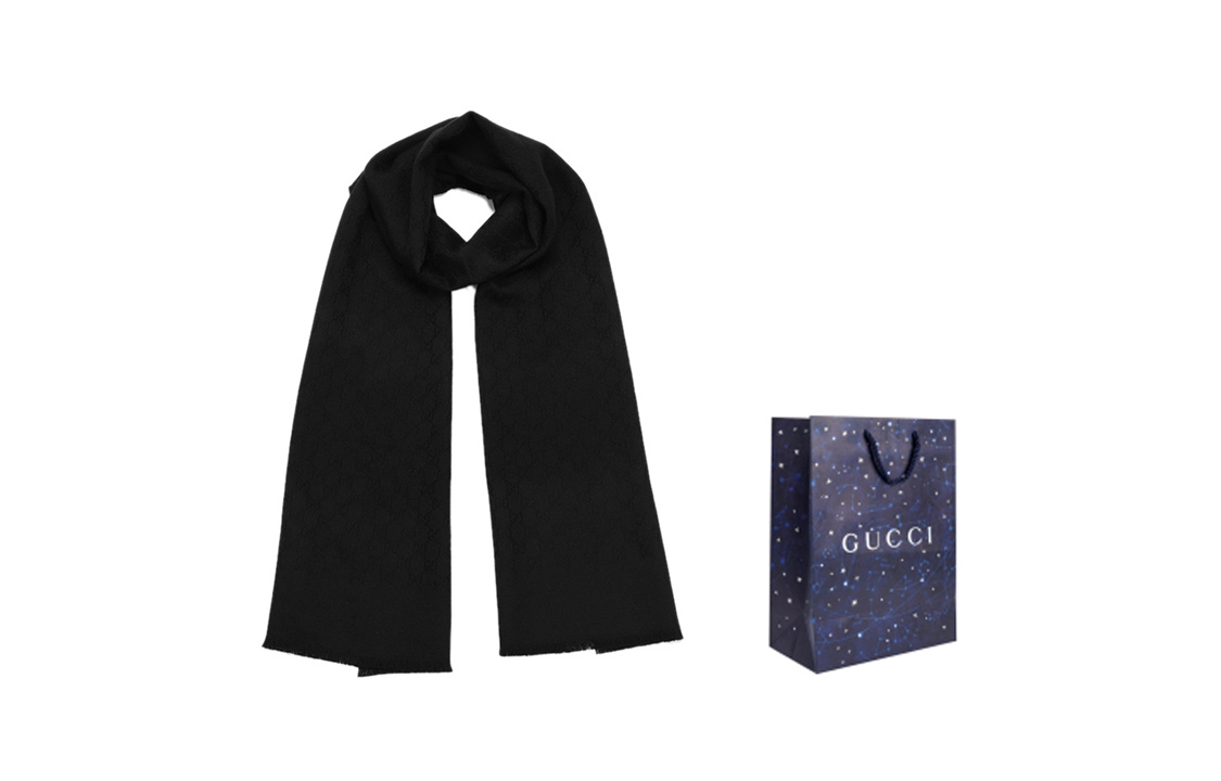 GUCCI Double G Jacquard Fringed Warm Knit Scarf Unisex Black 456362-4G201-1000 圖 7