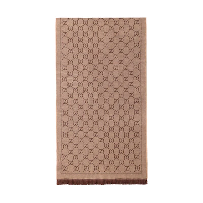 GUCCI Double G Jacquard Reversible Scarf in Brown/Beige Wool Unisex 133483-3G200-2764