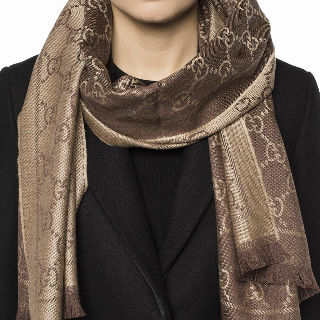 GUCCI Double G Jacquard Reversible Scarf in Brown/Beige Wool Unisex 133483-3G200-2764 圖 5
