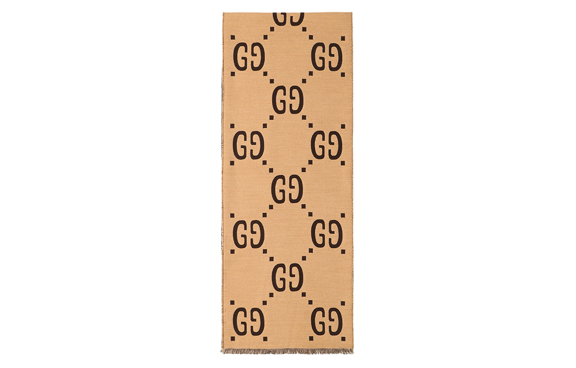 GUCCI Double G Jacquard Wool Silk Scarf Unisex Brown/Beige 495592-4G350-2179 圖 3
