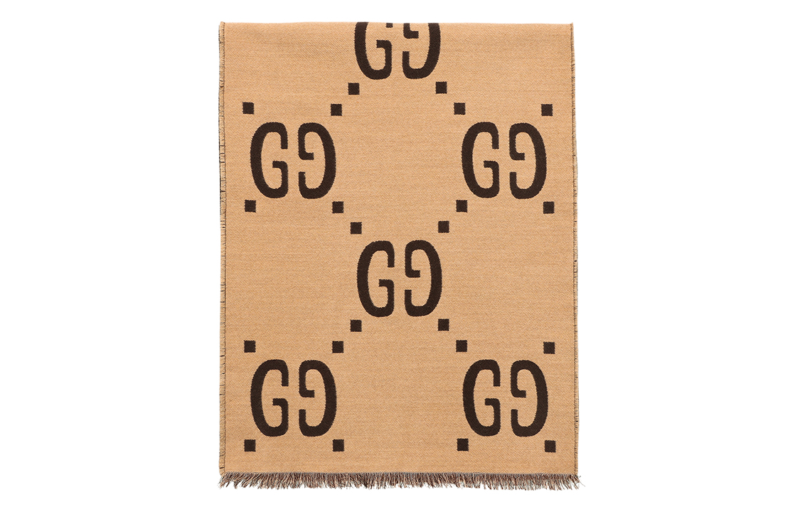 GUCCI Double G Jacquard Wool Silk Scarf Unisex Brown/Beige 495592-4G350-2179 圖 4