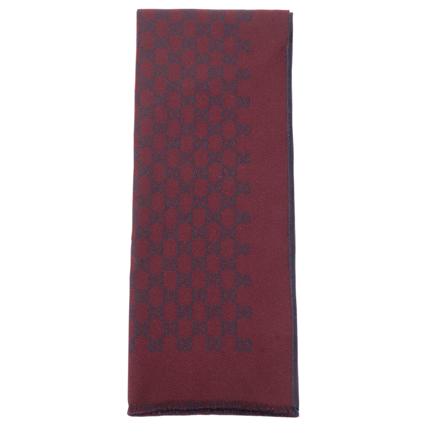 GUCCI Double G Jacquard Wool Tassel Scarf Unisex - Burgundy/Navy Colorblock 391246-4G200-6168