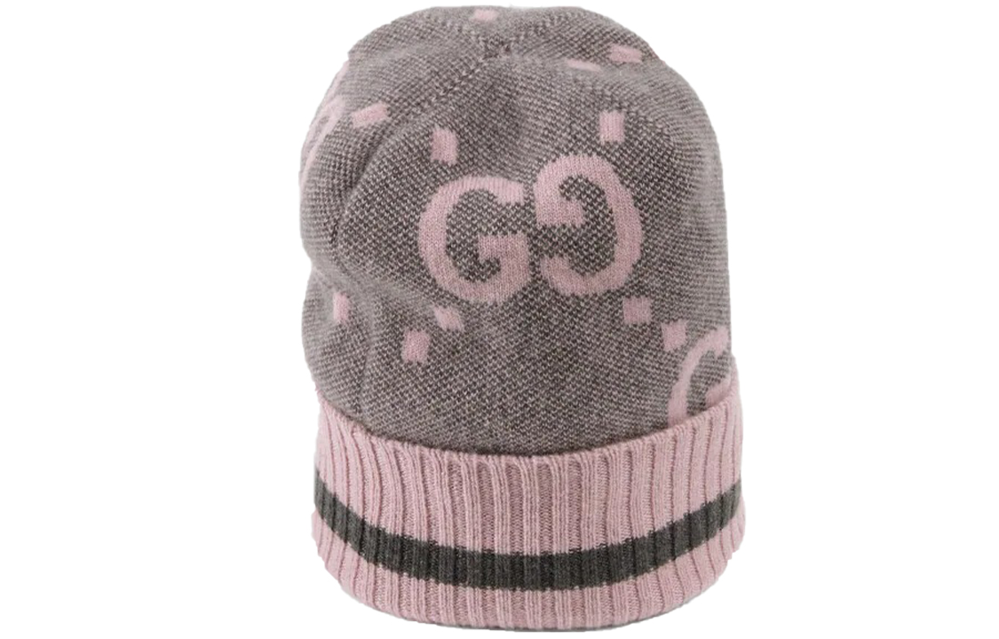 Shop GUCCI 双G针织羊绒帽 灰色/粉色 676827-3G344-1272