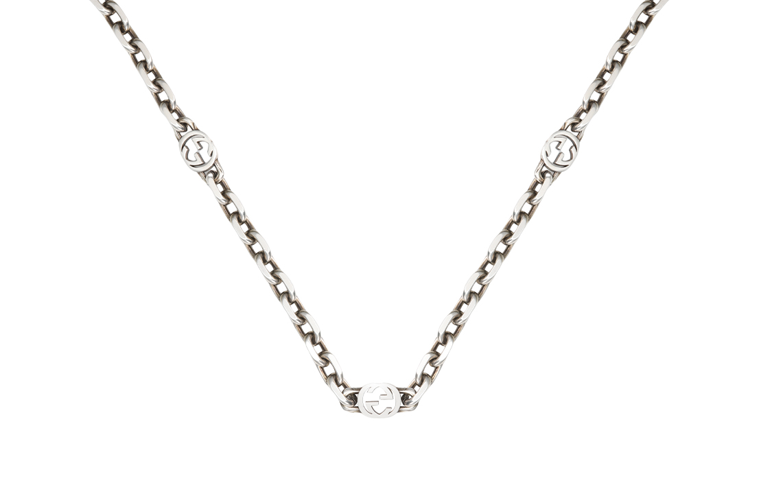 GUCCI Double G Oval Pendant Necklace 925 Silver Unisex Couples Necklace - Silver YBB62079600100U