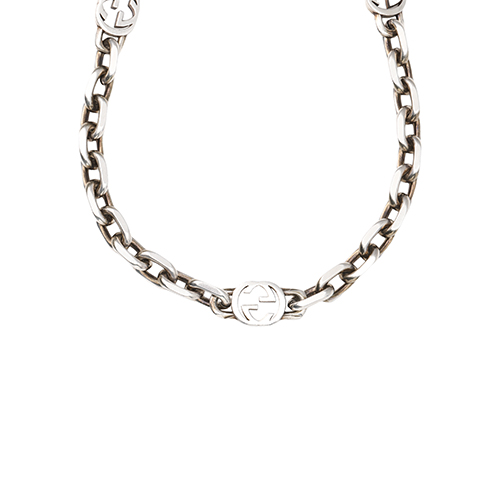 Shop 구찌 더블 G 오벌 펜던트 925 실버 유니섹스 커플 목걸이 - 실버 YBB62079600100U