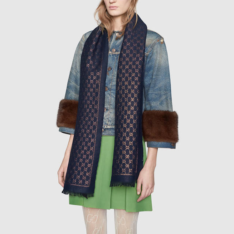 GUCCI Double G Pattern Knit Scarf Unisex Couple Navy Blue 479763-3G187-4175 圖 4