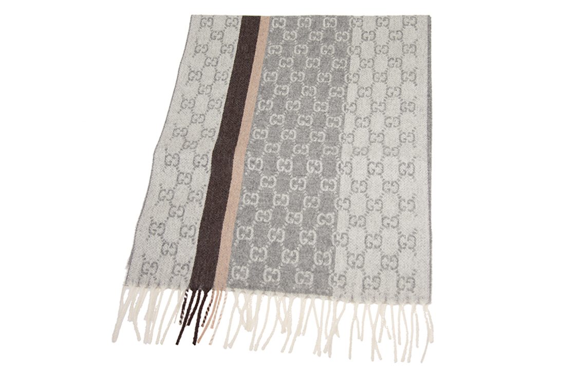 GUCCI Double G Pattern Striped Cashmere Scarf Unisex Couple Light Grey 391530-4G944-1464 圖 2