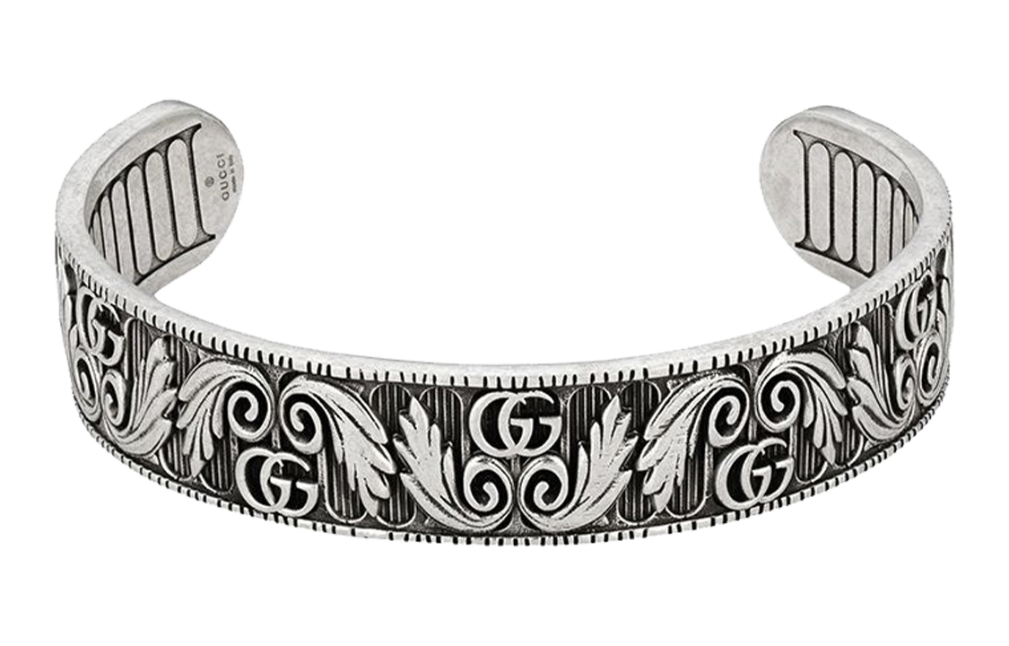 GUCCI Double G Series Antiqued Silver Leaf Embossed Bracelet Unisex 551907-J8400-0811