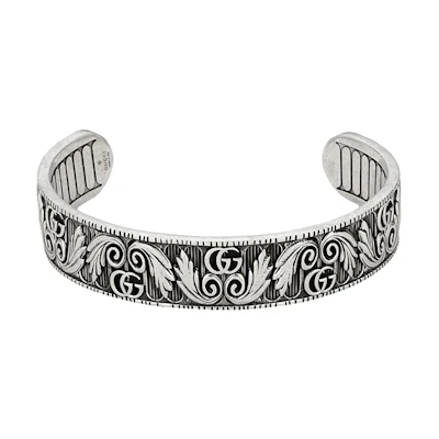 GUCCI Double G Series Antiqued Silver Leaf Embossed Bracelet Unisex 551907-J8400-0811