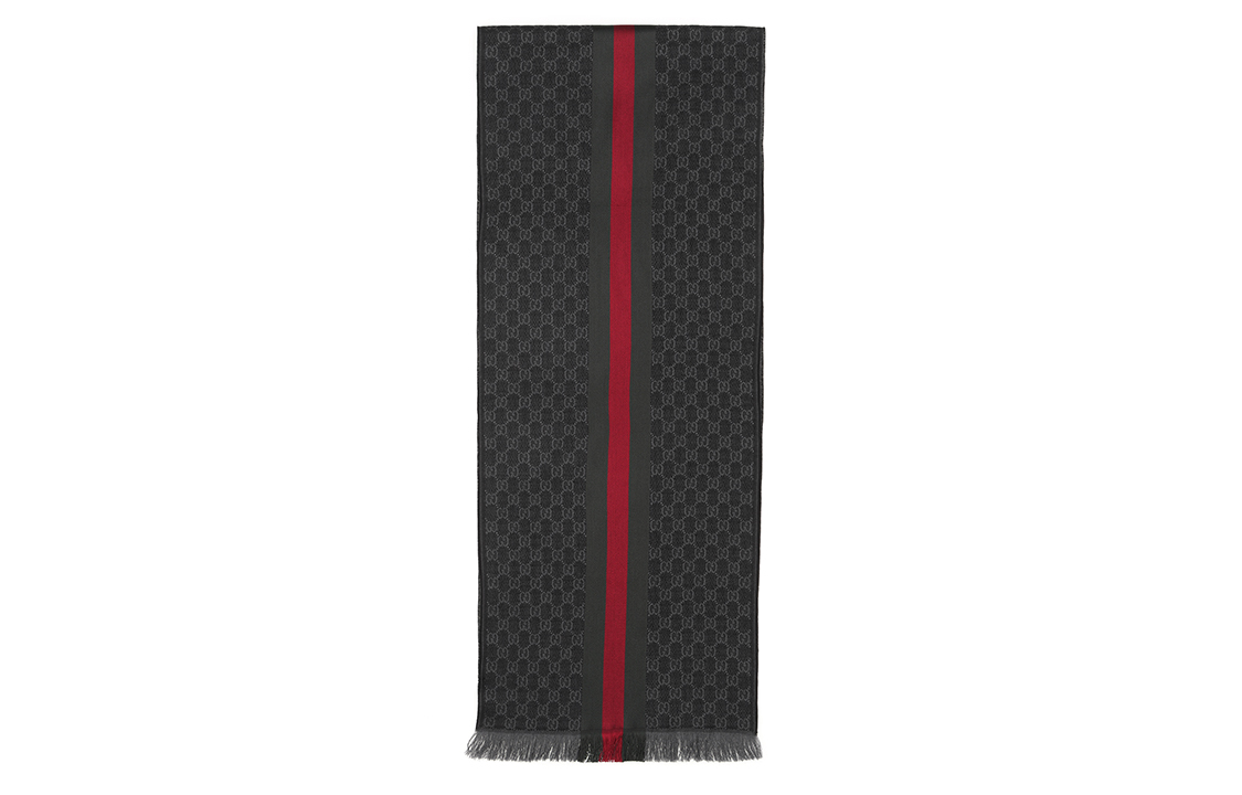 GUCCI Double G Stripe Fringe Wool Scarf Unisex Grey/Black 147351-4G704-1166 圖 2