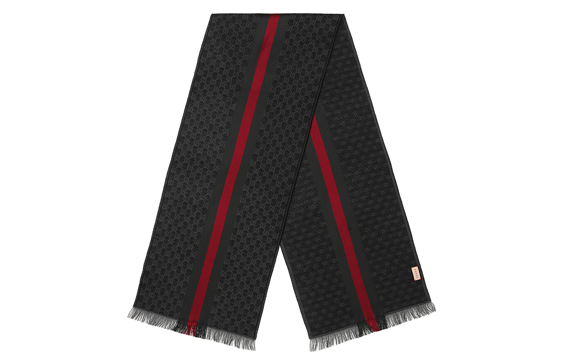 GUCCI Double G Stripe Fringe Wool Scarf Unisex Grey/Black 147351-4G704-1166 圖 3