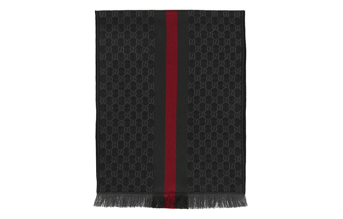 GUCCI Double G Stripe Fringe Wool Scarf Unisex Grey/Black 147351-4G704-1166 圖 4