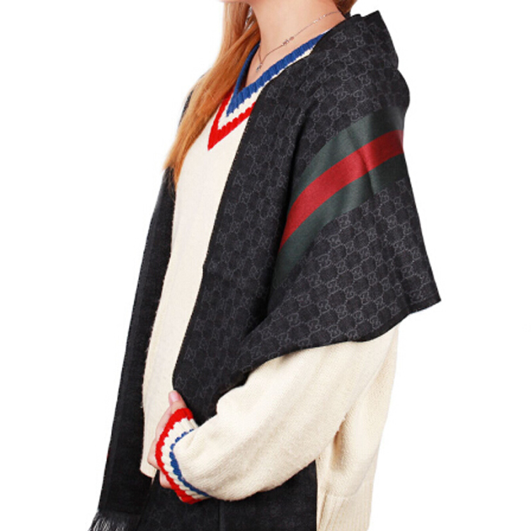 GUCCI Double G Stripe Fringe Wool Scarf Unisex Grey/Black 147351-4G704-1166 圖 5