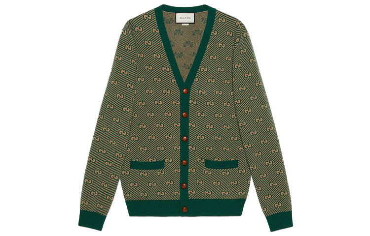 Gucci Double G Stripe Wool Cardigan - Camel Green Sweater 630412-XKBFZ-3119