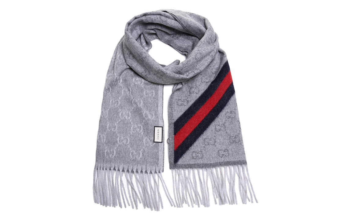 GUCCI Double G Striped Floral Knit Scarf Unisex Couple Style Light Grey 429255-3G947-1768