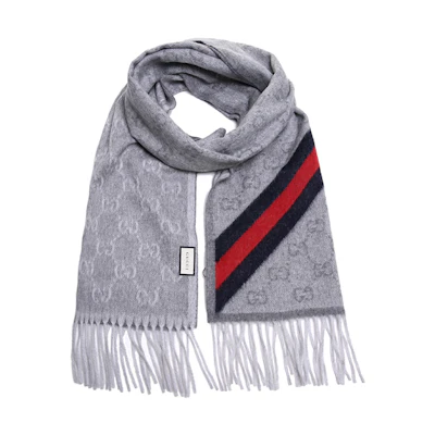 GUCCI Double G Striped Floral Knit Scarf Unisex Couple Style Light Grey 429255-3G947-1768
