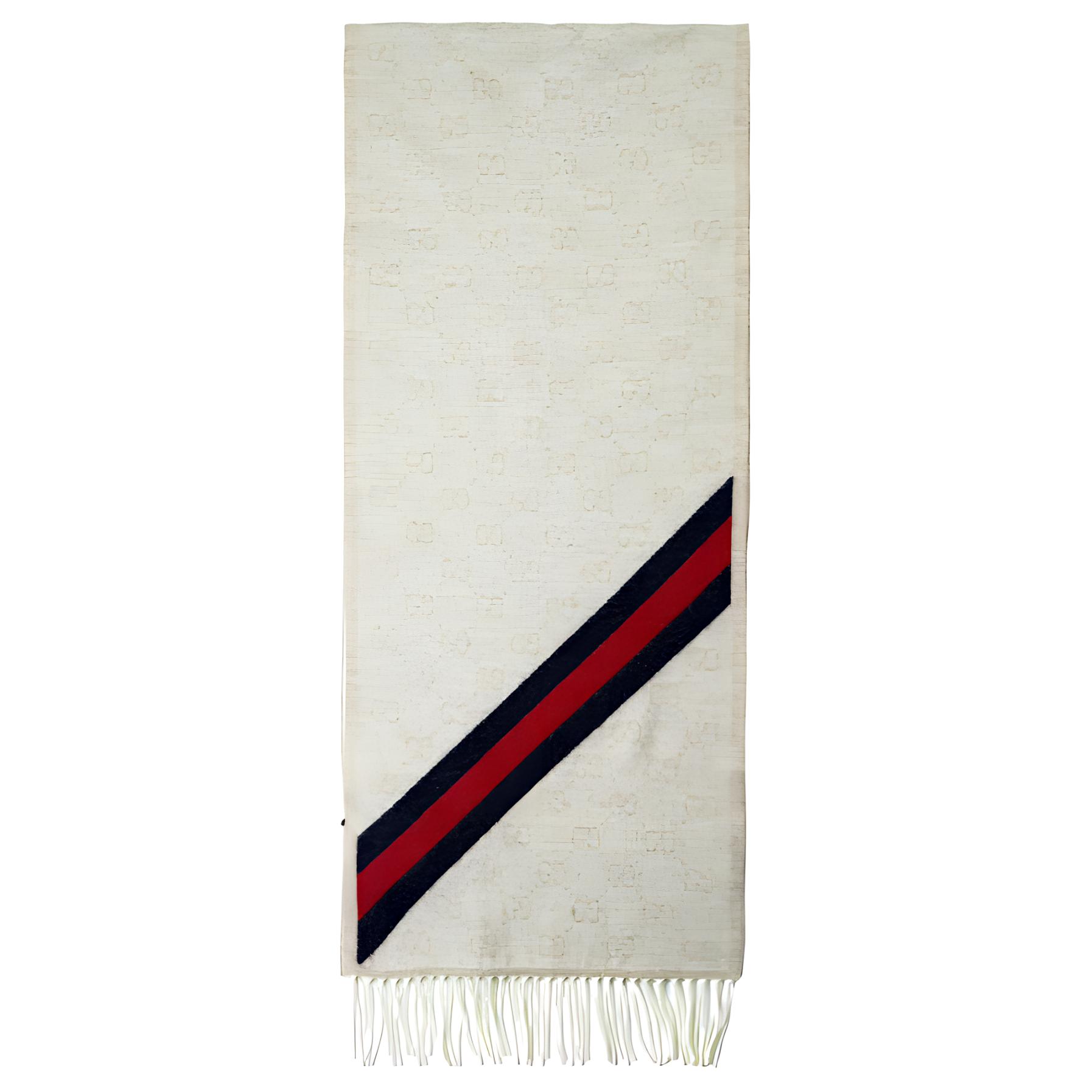 GUCCI Double G Tassel Stripe Wool Scarf Unisex Cream 570603-3GB18-9568