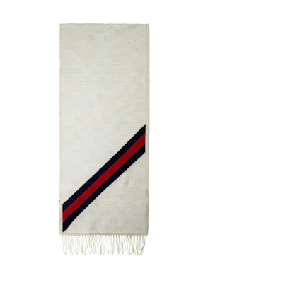 GUCCI Double G Tassel Stripe Wool Scarf Unisex Cream 570603-3GB18-9568
