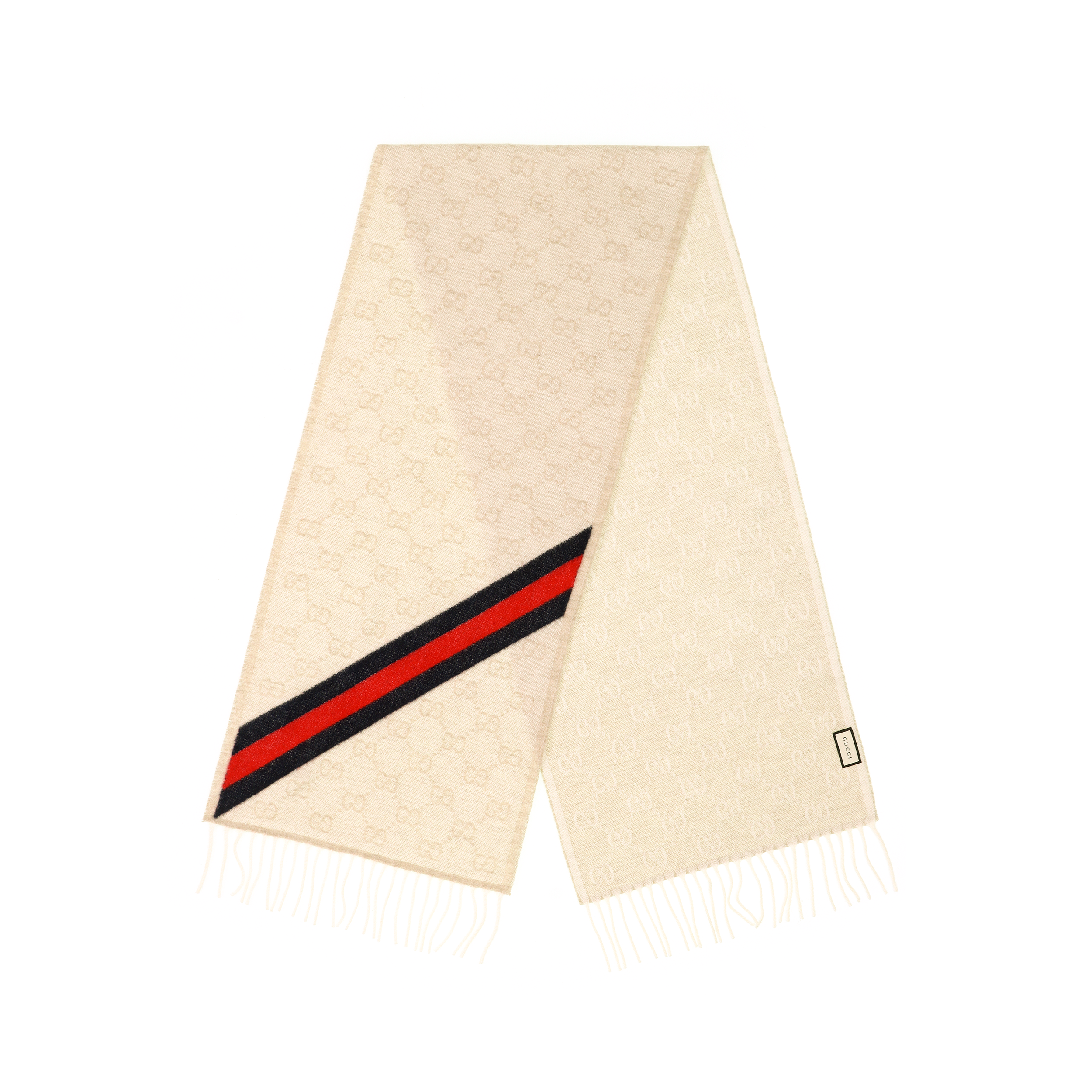 GUCCI Double G Tassel Stripe Wool Scarf Unisex Cream 570603-3GB18-9568 圖 3