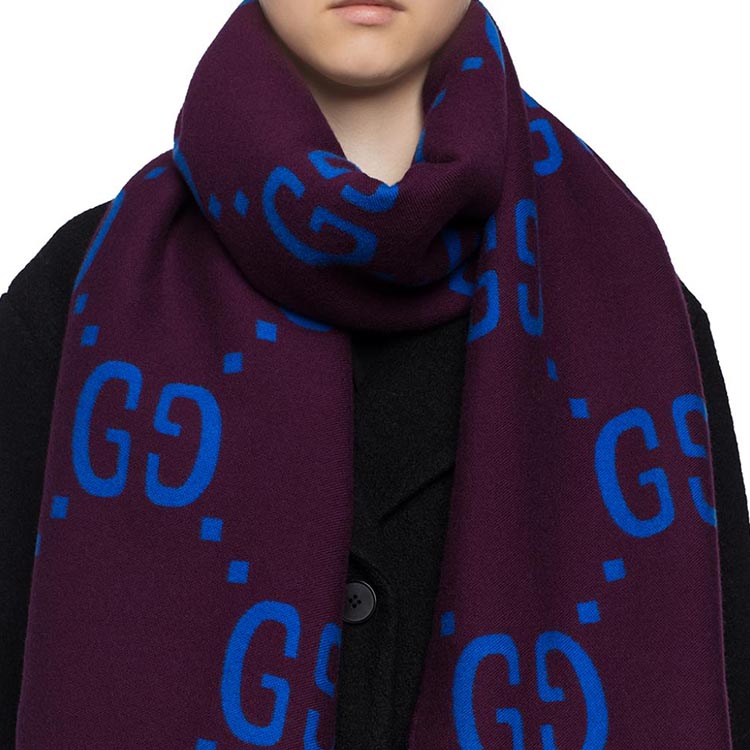 GUCCI Double G Wool Fringe Scarf Unisex Blue/Purple 505395-3G020-6268 圖 4
