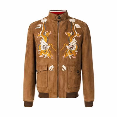 Gucci Dragon Embroidery Zip Jacket Brown Long Sleeve 474049-XG438-9446