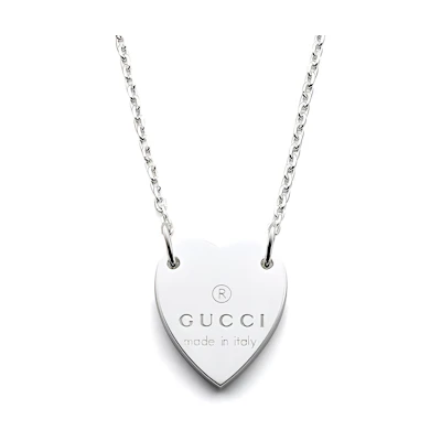 GUCCI Elegant Heart Pendant Silver Necklace with Logo Engraving. 223512-J8400-8106