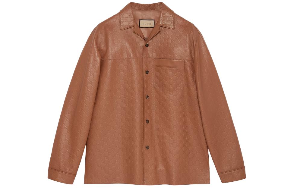 Gucci Embossed Leather Jacket Brown Long Sleeve Single-Breasted 770433-XNA0D-5430