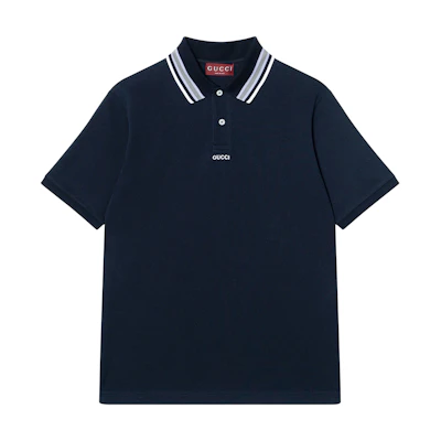 Gucci Embroidered Logo Polo Shirt Navy Blue with Striped Trims 788024-XJGJY-4215