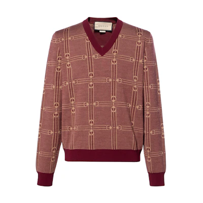 Gucci Exquisite V-neck Red Printed Wool Sweater for Men 716358-XKCO0-6385