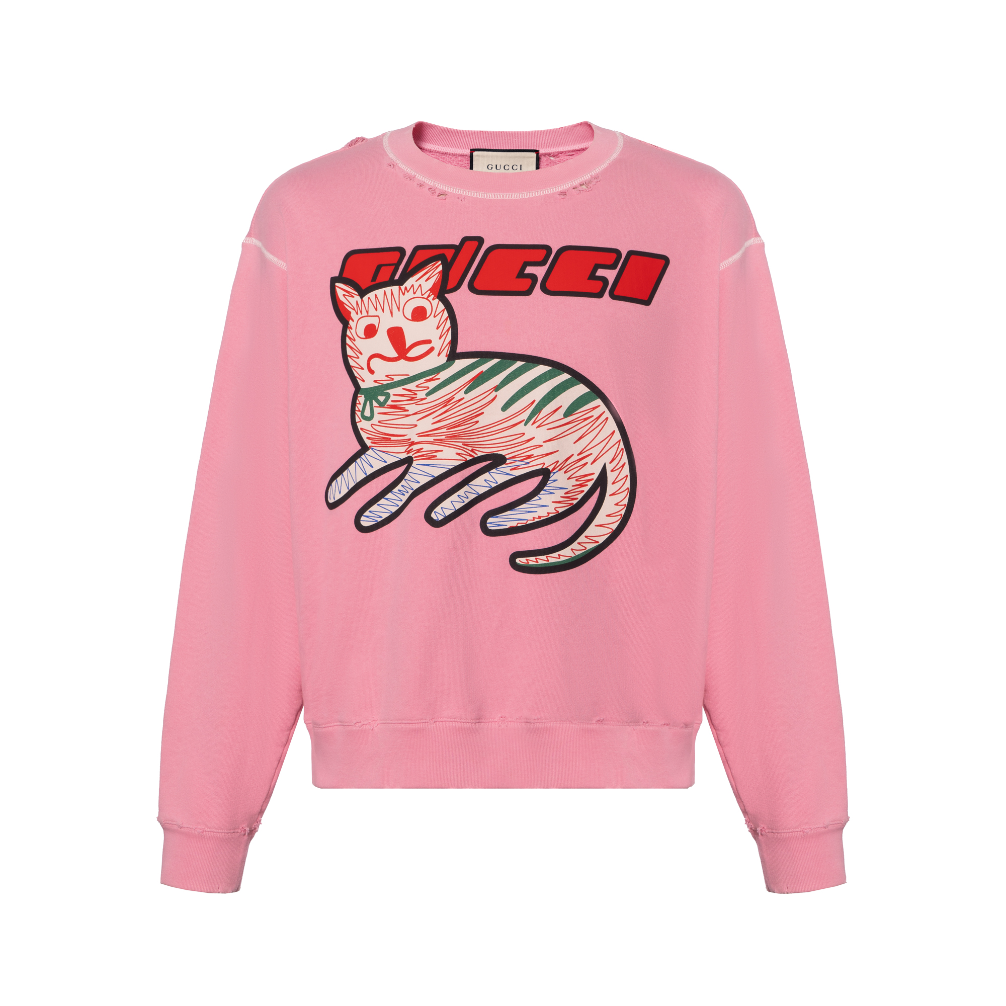 Gucci Fall/Winter 2020 Letter Cat Print Pink Crewneck Sweatshirt 635847-XJCVV-5904