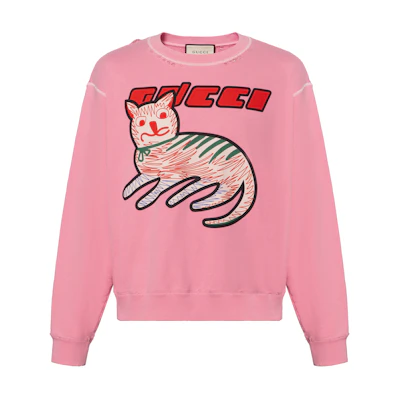 Gucci Fall/Winter 2020 Letter Cat Print Pink Crewneck Sweatshirt 635847-XJCVV-5904