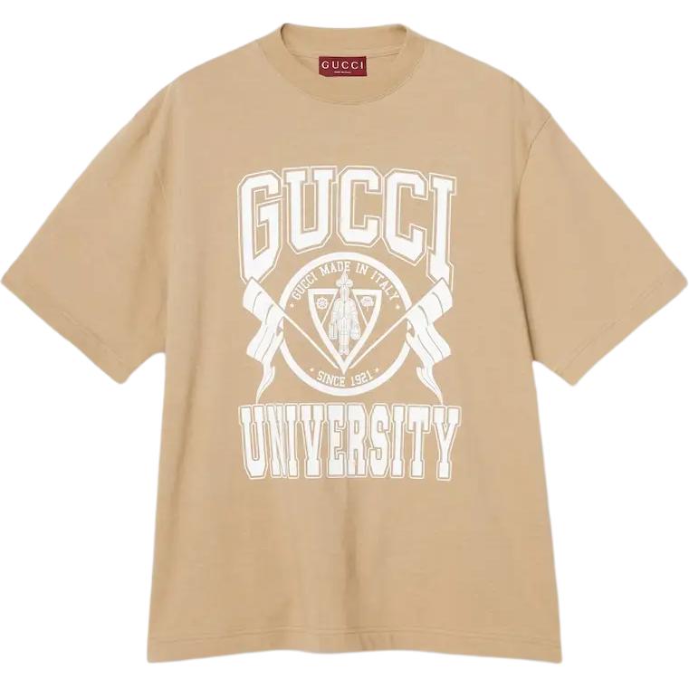 Gucci Fall/Winter 2024 Beige Letter Print Crewneck Short Sleeve T-shirt Men 798115-XJGU9-9134