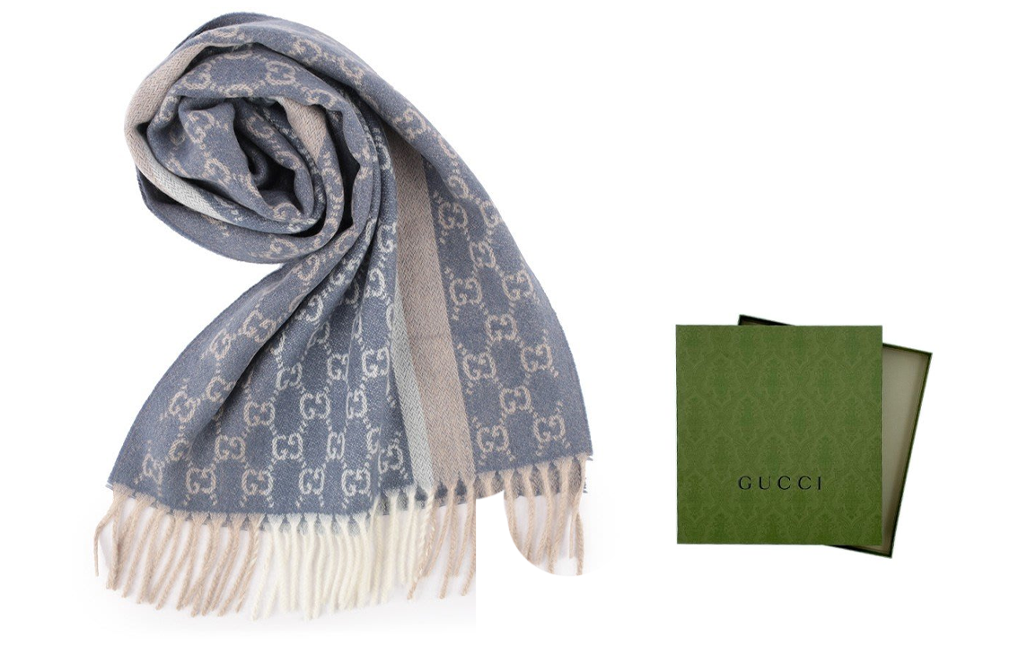 Sizing GUCCI 時尚標誌印花編織圍巾 輕藍色男女通用款 391530-4G944-4779