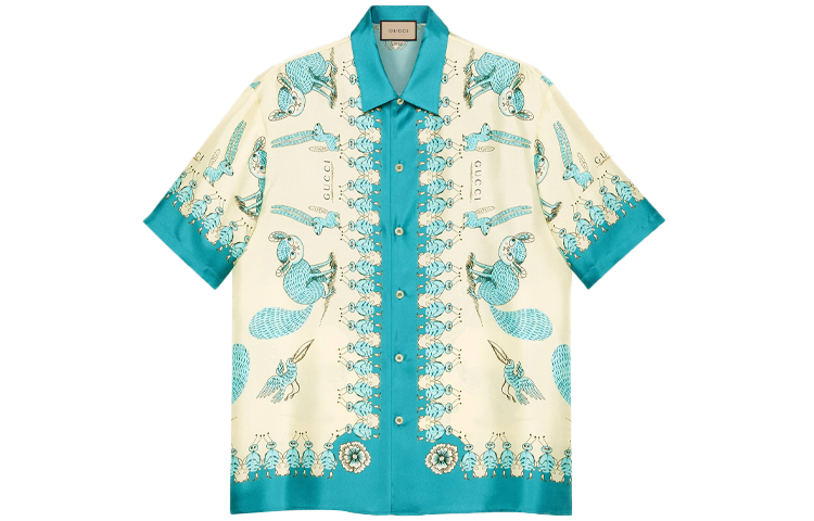 Gucci Freya Hartas Print Silk Short-Sleeve Sunscreen Shirt Beige 654886-ZAGWY-4262