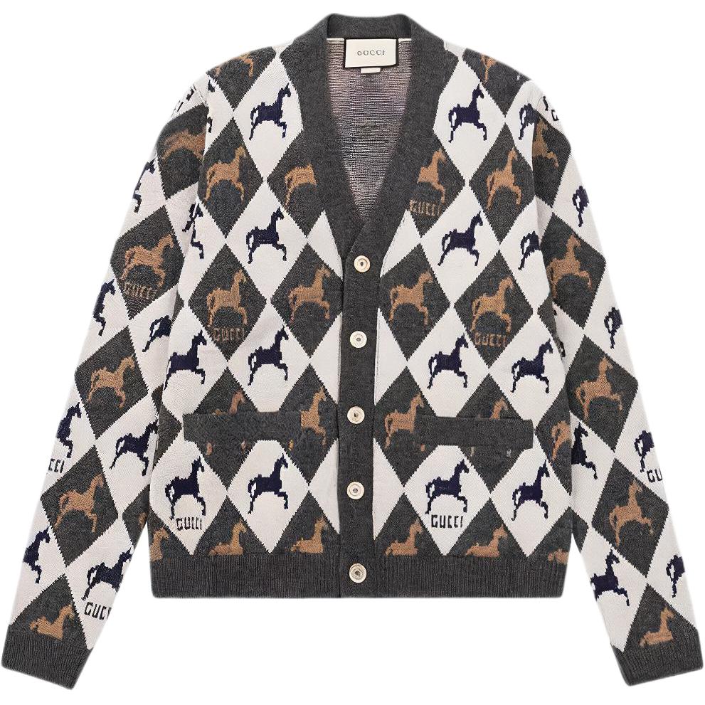 Gucci FW19 Argyle Horse Pattern Wool Knit Cardigan Black/Grey 548562-XKAD4-1097