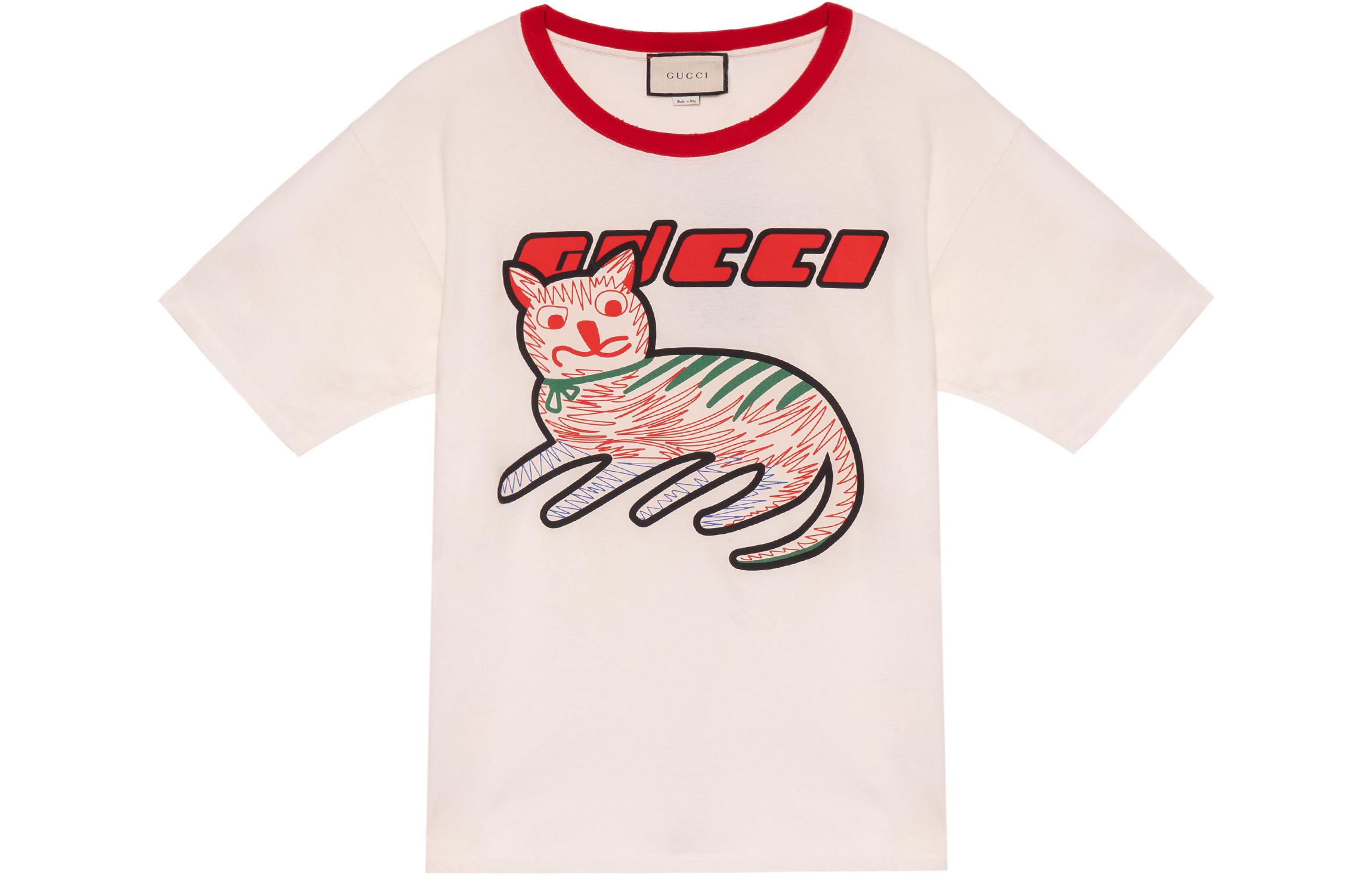 Gucci FW20 Distressed Kitten Print Oversized Tee Men Beige 616036-XJCVU-9125