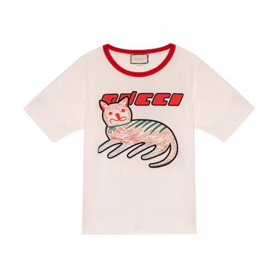 Gucci FW20 Distressed Kitten Print Oversized Tee Men Beige 616036-XJCVU-9125