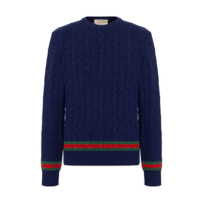 Gucci FW21 Blue Cable Knit Crewneck Cashmere Sweater for Men 673489-XKB2N-4684