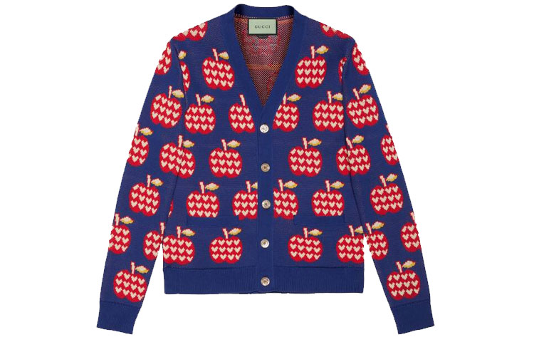 Gucci FW21 Blue Knit Sweater with Apple Pattern 664361-XKBYW-4684